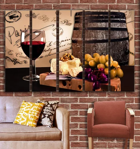 Vista 2 de Gran copa de vino tinto de 5 piezas para decoración de pared, póster impreso en paneles de lienzo, juego de decoración de pared con temática