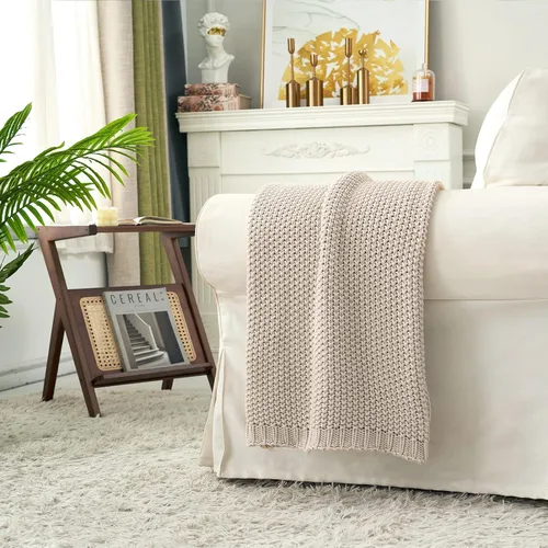 Vista 2 de Manta de punto gruesa de cable beige ligera 100% algodón orgánico para sofá, sofá cama, bebé, guardería, rústico, shabby chic, moderno, granja, 51
