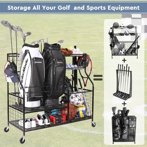 Vista 5 de Organizador de equipo deportivo, almacenamiento deportivo para garaje, estante de almacenamiento de bolsas de golf, soporte organizador de golf