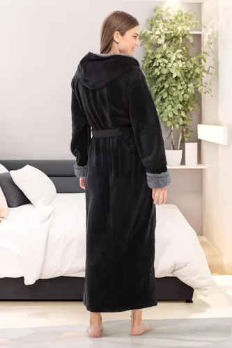Vista 4 de Alexander Del Rossa - Bata de baño larga de cálido y suave vellón, con capucha, para mujer, para el invierno Negro