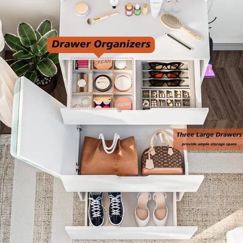Vista 5 de Tocador pequeño con silla, espejo y luces, juego de mesa de maquillaje compacto para espacios pequeños, taburete de almacenamiento móvil