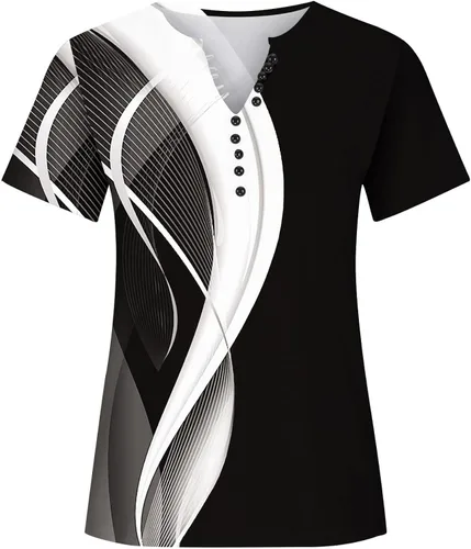 Vista 4 de Camisas casuales para mujer, de manga corta, con botones, cuello en V, para verano, básicas, con estampado de moda, blusas fluidas para vacaciones