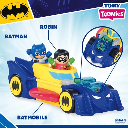 Vista 4 de Toomies DC Comics Batman E73262 - Vehículo 3 en 1 que se transforma en mini batmobile y chorro, efecto de estallido del motor, tracción del volante