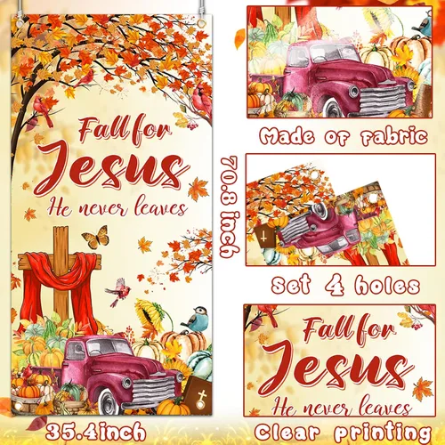Vista 6 de YE - Cubierta de puerta con texto en inglés "Fall for Jesus He Never Leed", decoración de puerta de religión cristiana de calabaza para otoño