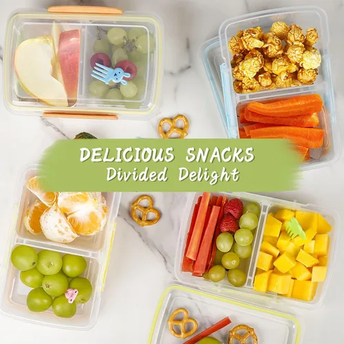 Vista 10 de Paquete de 4 recipientes de plástico para aperitivos con tapas, contenedor de alimentos de 2 compartimentos para caja de aperitivos para niños