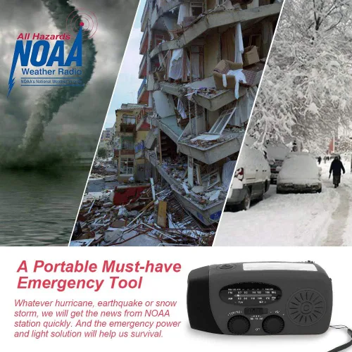 Vista 2 de Radio solar portátil de emergencia meteorológica manivela AM/FM NOAA radio de supervivencia con linterna LED 2000mAh cargador de teléfono móvil