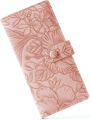 Vista 19 de Unilily Cartera delgada para mujer, con bloqueo RFID, de piel vegana, plegable, tarjetero con 2 ventanas de identificación y bolsillo con Lila