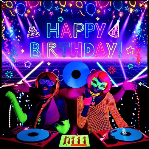Vista 5 de Decoración de pancarta de fiesta de cumpleaños de neón brillante, telón de fondo de feliz cumpleaños con temática de fiesta