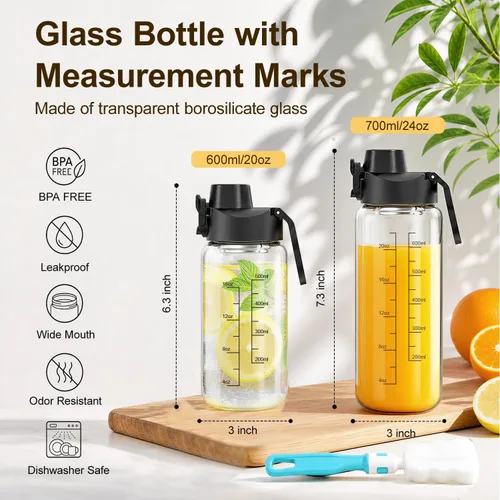 Vista 2 de Neodaco - Botella de agua deportiva de 20 onzas con asa, vidrio de borosilicato