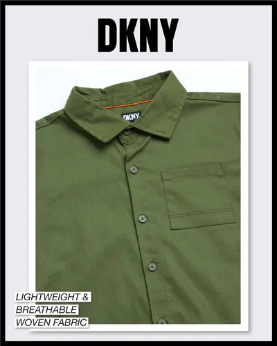 Vista 3 de DKNY Camisa de vestir clásica de manga corta con botones para niño, para la escuela, vacaciones y vacaciones (tallas 4-20)