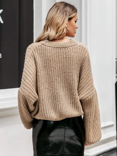 Vista 5 de Simplee Women's Oversized Cropped Sweater Lantern Long Sleeve Loose Knit Pullover Sweater