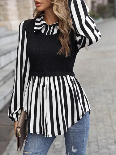Vista 3 de WDIRARA Blusa de manga larga con botones y estampado a rayas para mujer 2 en 1