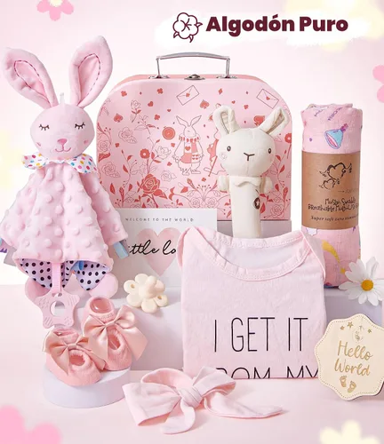 Vista 7 de Golray Regalos de baby shower para niñas, cestas de regalo para bebé niña con sonajero, conjunto de manta/enterizo, cosas esenciales para recién