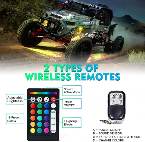 Vista 4 de Xprite - Kit de luces LED RGB bluetooth con controlador RF, luces neón multicolor intermitentes que sincronizan con la música para vehículos