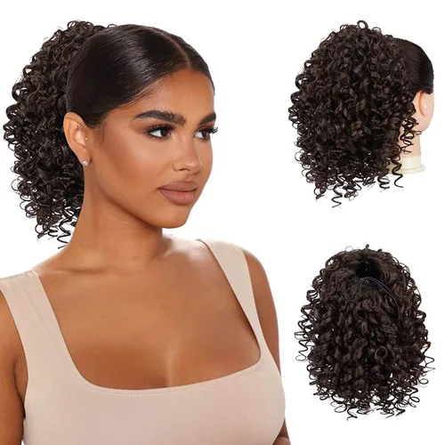 Vista 19 de PEACOCO Extensión de cola de caballo rizada con cordón para mujeres negras - Cola de caballo de 6 pulgadas con clip, postizo sintético de afro corto
