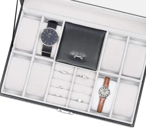 Vista 4 de NEX Caja de reloj 8 ranuras con cerradura de cuero para reloj organizador con almacenamiento de anillos para mujeres y hombres color negro