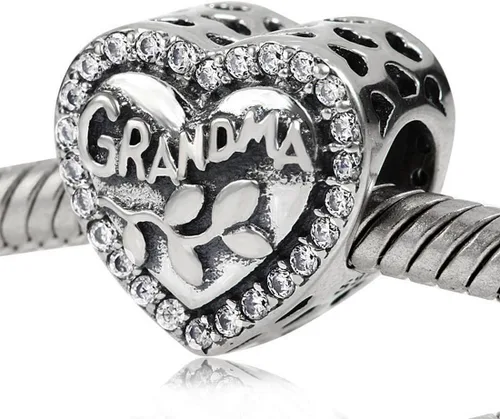 Vista 4 de Abalorio de plata de ley 925 con dije de corazón de amor y abuela para pulsera Pandora Plata