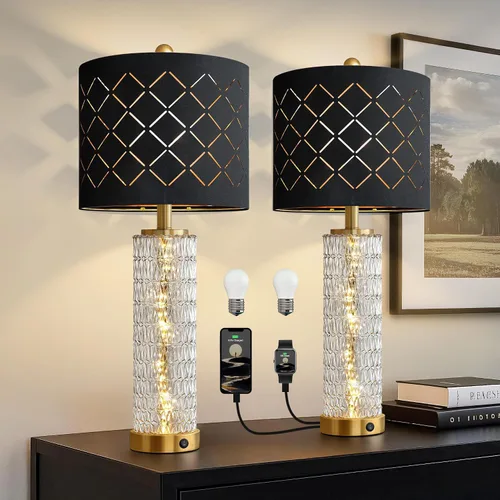 Vista 14 de Oneach Juego de 2 lámparas de mesa de 27.75 pulgadas, lámpara de noche moderna negra con luz nocturna LED, USB A+C, lámparas de vidrio para sala