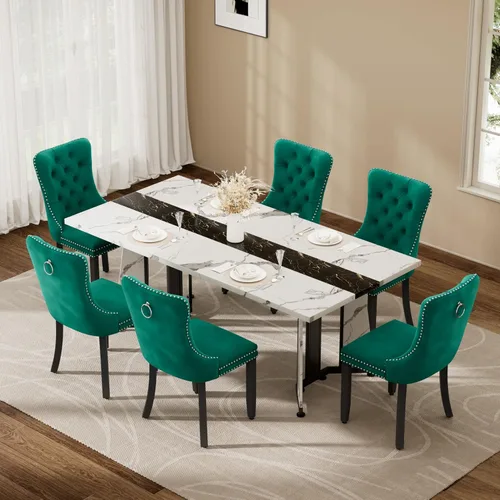 Vista 22 de Juego de mesa de comedor de 5 piezas con 4 sillas, mesa de comedor rectangular de madera de 71 pulgadas con sillas de comedor de terciopelo, tablero