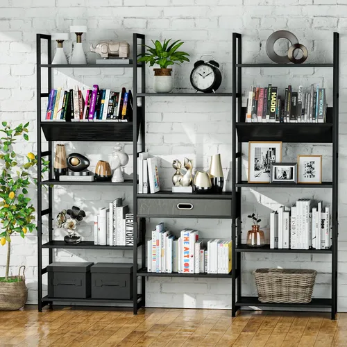 Vista 5 de NUMENN Estantería Triple Ancha de 5 Niveles, Estantes de Libros Ajustables de Estilo Industrial Rústico, Librerías y Estanterías Modernas Muebles