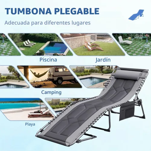 Vista 9 de Devoko - Silla reclinable plegable para exterior acolchada portátil de 4 pliegues, silla lounge resistente con almohada y bolsillo lateral para Gris