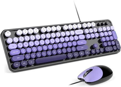 Vista 16 de MOFII Combo de teclado y mouse con máquina de escribir retro con cable, USB de tamaño completo Plug & Play para PC con Windows - Negro Azul