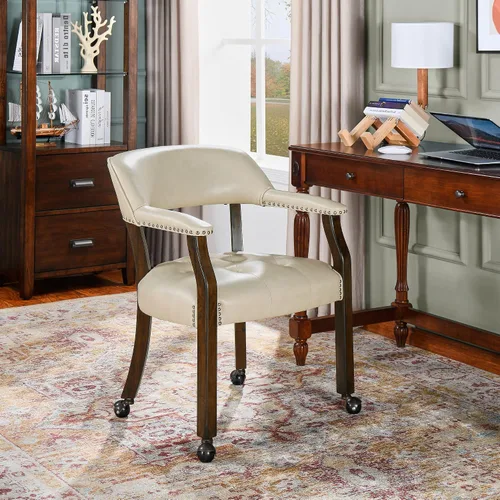 Vista 2 de LEEMTORIG Sillas de comedor grandes con ruedas y brazos, sillas de comedor con ruedas rodantes, sillas de escritorio de oficina de madera maciza, 26