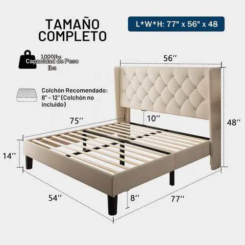 Vista 2 de GalnFu Base de cama tamaño full con cabecera capitoné con botones, base de cama plataforma tapizada con almacenamiento debajo de la cama, soportes