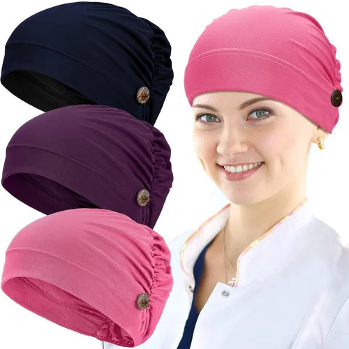 Vista 14 de Geyoga Gorras Bouffant con botones, unisex, elástica, turbante con botones para mujer, 3 piezas, Negro, Talla única