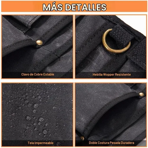 Vista 4 de Delantal de cintura para herramientas, cinturón de herramientas de lona encerada resistente, cinturón de herramientas de cintura con 10 bolsillos