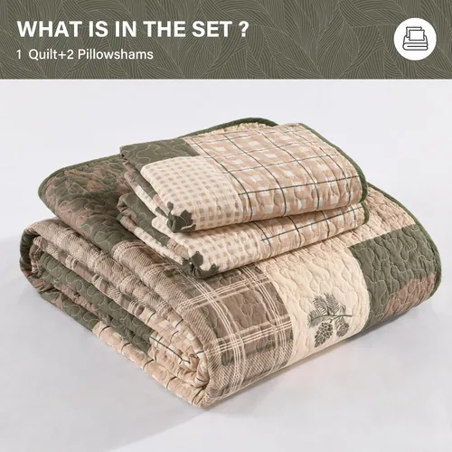 Vista 7 de SahSahCasa Juego de edredón de 100 % algodón, tamaño Queen, reversible, rústico, cabaña, edredón ligero para cama Queen, 3 piezas, beige/verde