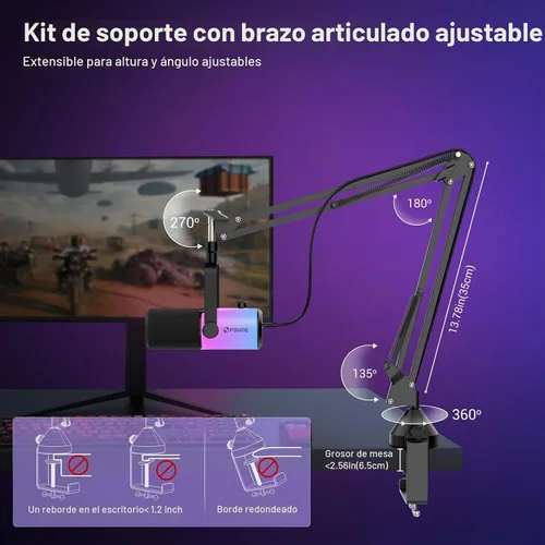 Vista 7 de FDUCE Juego de micrófono dinámico para juegos, micrófono de computadora USB/XLR para podcast con soporte de brazo extensible, luz RGB, botón