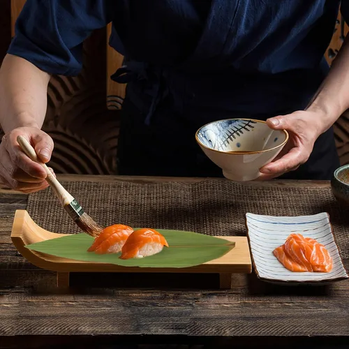 Vista 6 de Kichvoe Hojas decorativas de sushi, 100 piezas de hoja de bambú, tapete japonés de comida para sashimi, placa de decoración de hojas verdes