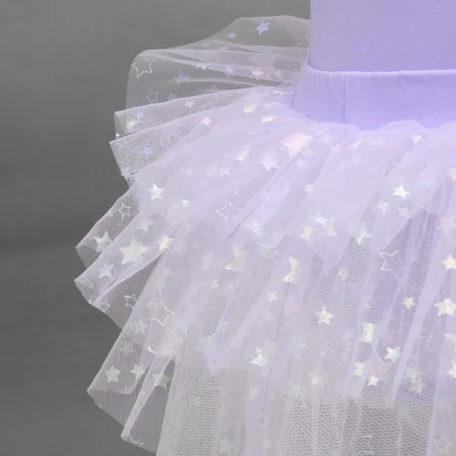Vista 4 de IDOPIP Leotardo con falda tutú de estrellas con purpurina para niñas, manga con volantes, vestido de ballet para bailarina, traje de gimnasia