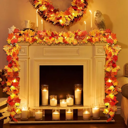 Vista 9 de Paquete de 2 guirnaldas de hojas de otoño con luces, funciona con pilas, decoración de Acción de Gracias Extra Long 23.6Ft Maple Garland with