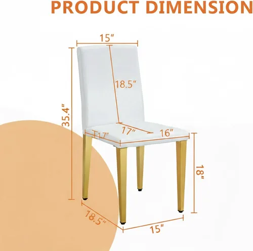 Vista 3 de Juego de 4 sillas de comedor modernas, piel sintética blanca con patas de metal dorado, 35.4 x 16 x 18.5 pulgadas, asientos acolchados de esponja