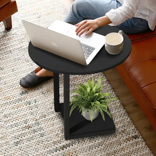 Vista 5 de Hosfais Mesa Auxiliar Pequeña, Mesa de Extremo en Forma de C, Mesa de Café de Madera para TV, Bandeja para Comer, Mesas para Sofá de Espacios Negro