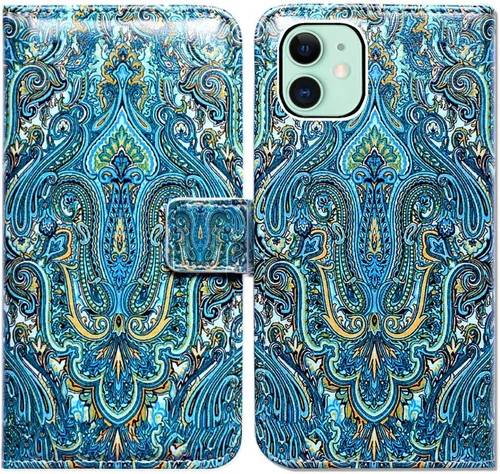 Vista 14 de Bcov Funda para iPhone 11, funda de piel con tapa y función atril para iPhone 11, diseño de flores y mariposas azules