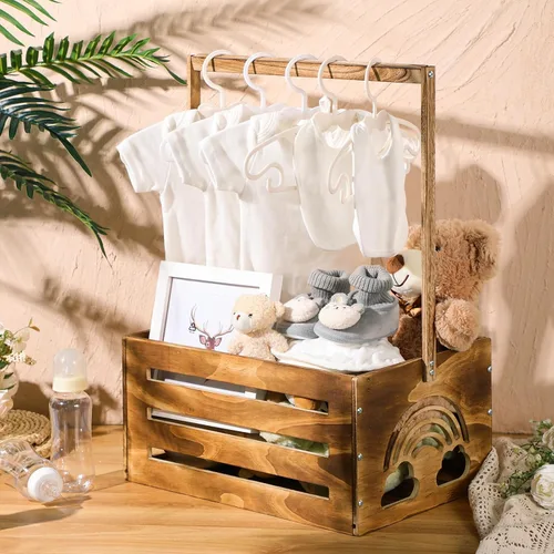 Vista 5 de Yerliker Cesto de madera para baby shower, con asa, cesta de almacenamiento personalizada para niños recién nacidos, regalos de embarazo