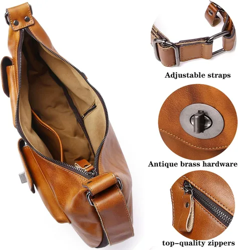 Vista 4 de Bolso bandolera de cuero genuino para hombres y mujeres, mochila en el pecho, bandolera, casual, al aire libre