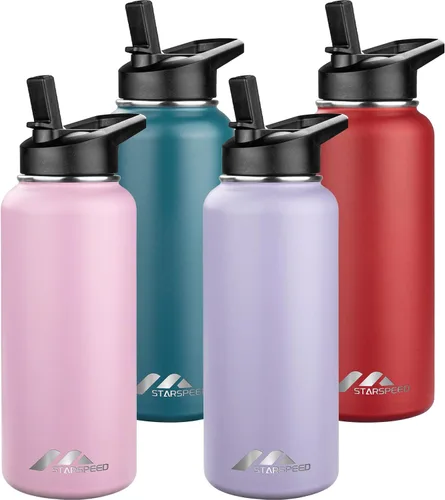 Vista 34 de StarSpeed Botella de agua aislada de 32 onzas con tapa con pajilla, botella de agua al vacío de doble pared de acero inoxidable, botella de agua