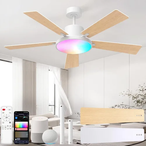 Vista 10 de CINOTON Ventiladores de techo inteligentes de 52" con luces y control Negro + Nogal