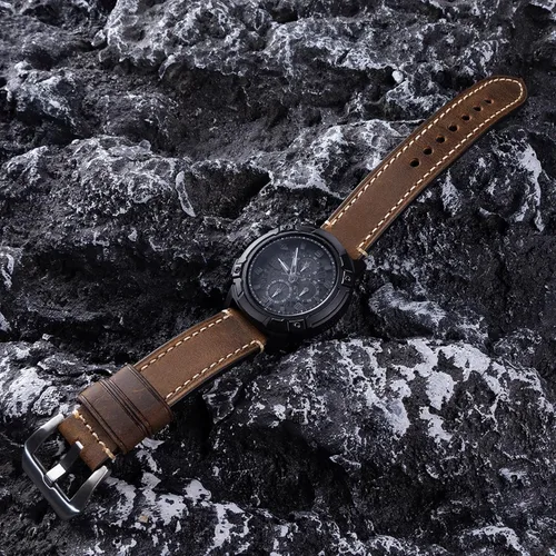 Vista 2 de Correa de reloj de pulsera de cuero genuino marrón oscuro de 0.945 in para hombres con hebilla de acero inoxidable