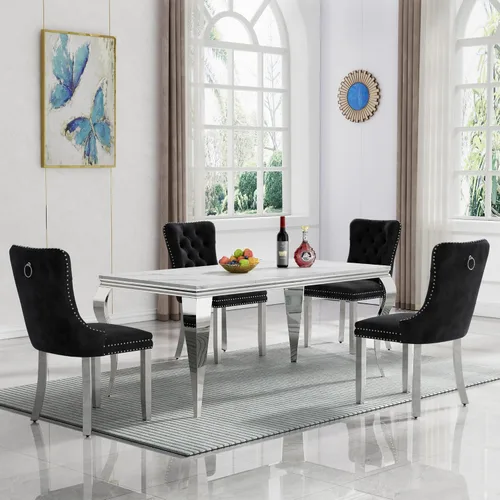 Vista 10 de HomVent Juego de mesa de comedor moderna de mármol sintético para 4 personas, mesa de cocina rectangular con 4 sillas beige (dorado)