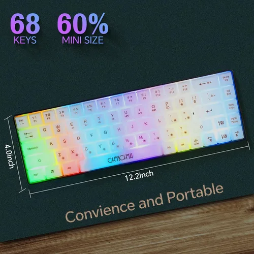 Vista 2 de CHONCHOW Mini teclado 60% para juegos, retroiluminación RGB arco iris, 68 teclas, pequeño teclado compacto, teclado transparente USB con cable