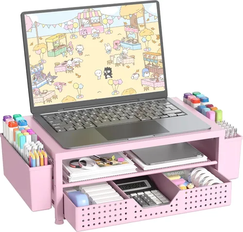 Vista 14 de OPNICE Soporte elevador de monitor doble con cajón y 2 soportes para bolígrafos, organizador de escritorio para suministros de oficina, soporte