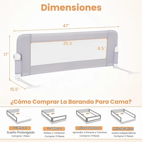 Vista 9 de BABY JOY - Barandillas de cama para niños pequeños, extralargas, protector de cama de seguridad abatible para cuna convertible, barandilla plegable