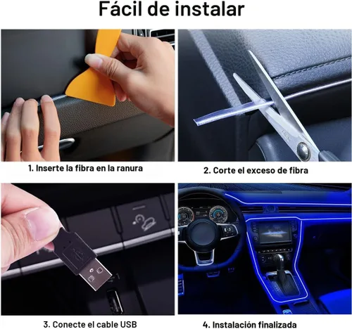 Vista 6 de Tira de luces LED de alambre EL para interior del automóvil, tira de cable USB de neón brillante estroboscópico de 16.5 pies con borde de costura
