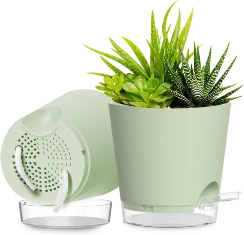 Vista 11 de Macetas de riego automático de 4 pulgadas, paquete de 6 macetas de plástico con agujeros de drenaje y platillos transparentes, macetas de plástico