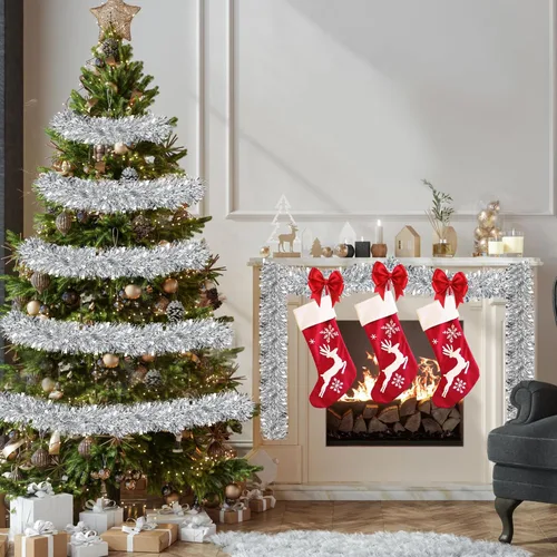 Vista 6 de Guirnalda de oropel plateado de 50 pies para decoraciones de árbol de Navidad, guirnalda metálica brillante con torsión colgante para Navidad